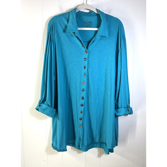 Neon Buddha Button Front Tunic Top Cotton Roll Tab Sleeves Blue Size 3X - Picture 2 of 10